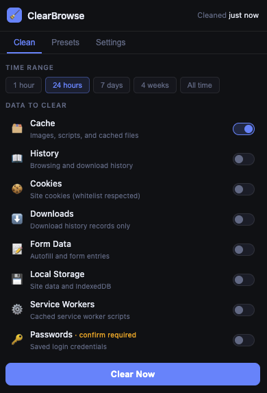 ClearBrowse Clean tab — 8 data types with toggles and Clear Now button