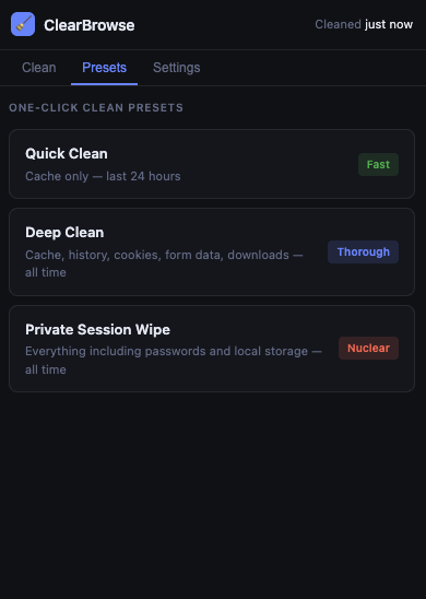 ClearBrowse Presets tab — Quick Clean, Deep Clean, Private Session Wipe
