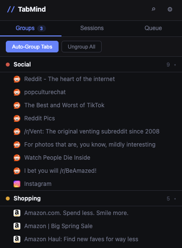 TabMind Chrome extension popup — auto-grouped tabs and session manager